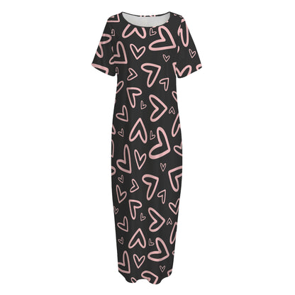 Cute Pink Heart Pattern Print Short Sleeve Long Nightdress