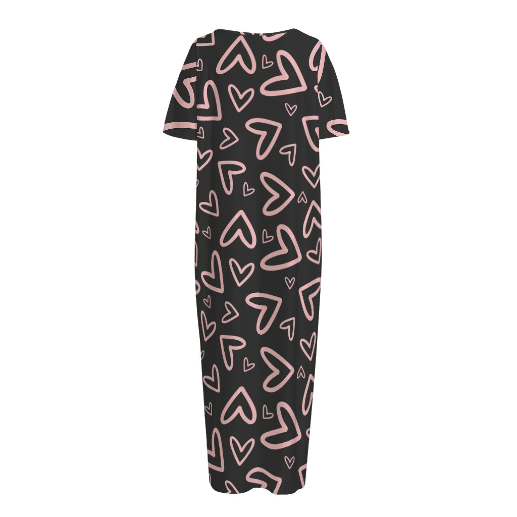 Cute Pink Heart Pattern Print Short Sleeve Long Nightdress