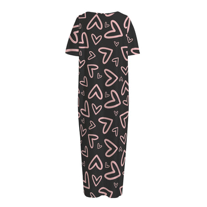 Cute Pink Heart Pattern Print Short Sleeve Long Nightdress