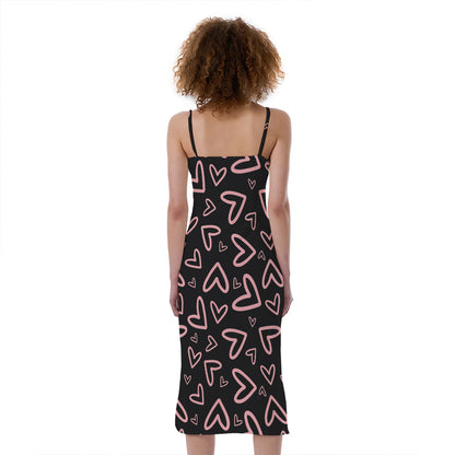 Cute Pink Heart Pattern Print Slim Fit Midi Cami Dress