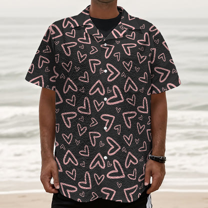 Cute Pink Heart Pattern Print Textured Short Sleeve Shirt