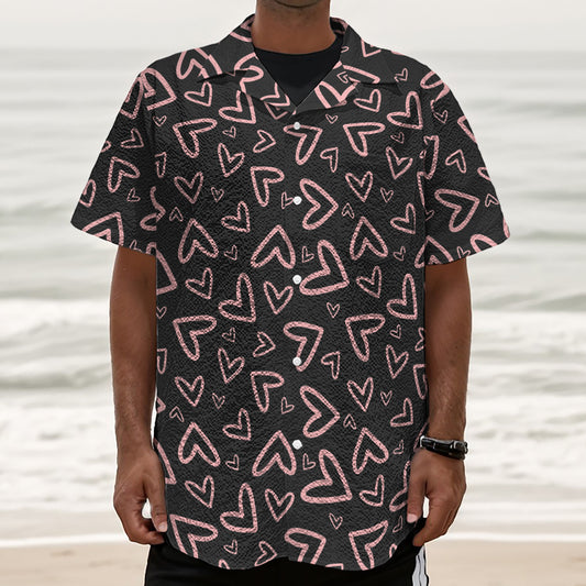 Cute Pink Heart Pattern Print Textured Short Sleeve Shirt