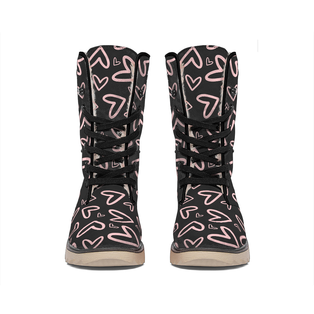 Cute Pink Heart Pattern Print Winter Boots