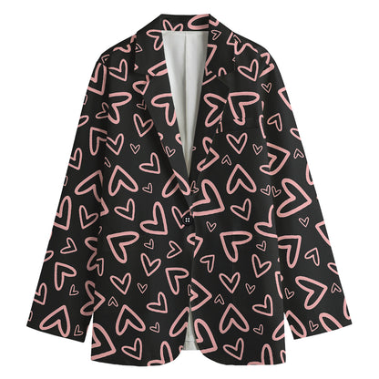 Cute Pink Heart Pattern Print Women's Cotton Blazer