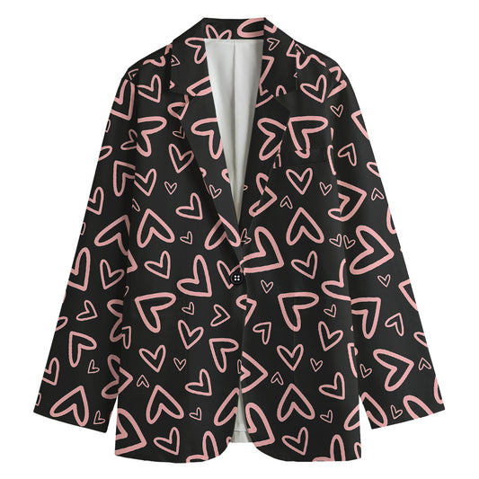 Cute Pink Heart Pattern Print Women's Cotton Blazer