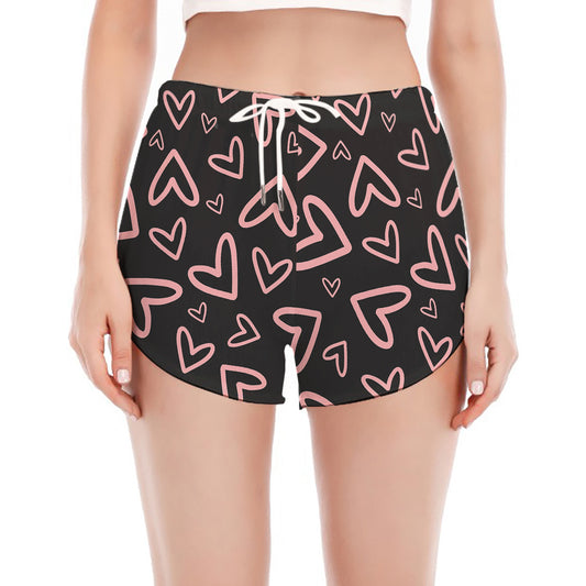 Cute Pink Heart Pattern Print Women's Split Running Shorts
