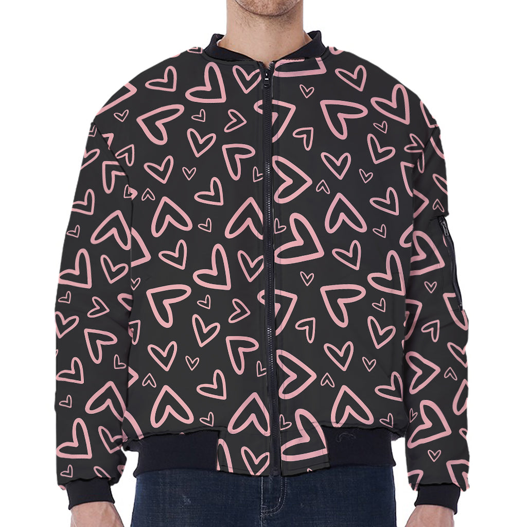 Cute Pink Heart Pattern Print Zip Sleeve Bomber Jacket