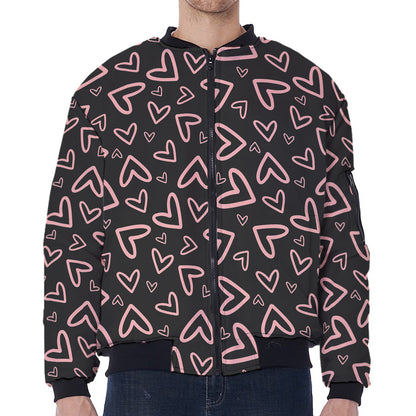 Cute Pink Heart Pattern Print Zip Sleeve Bomber Jacket