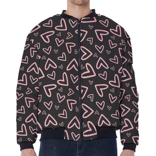 Cute Pink Heart Pattern Print Zip Sleeve Bomber Jacket