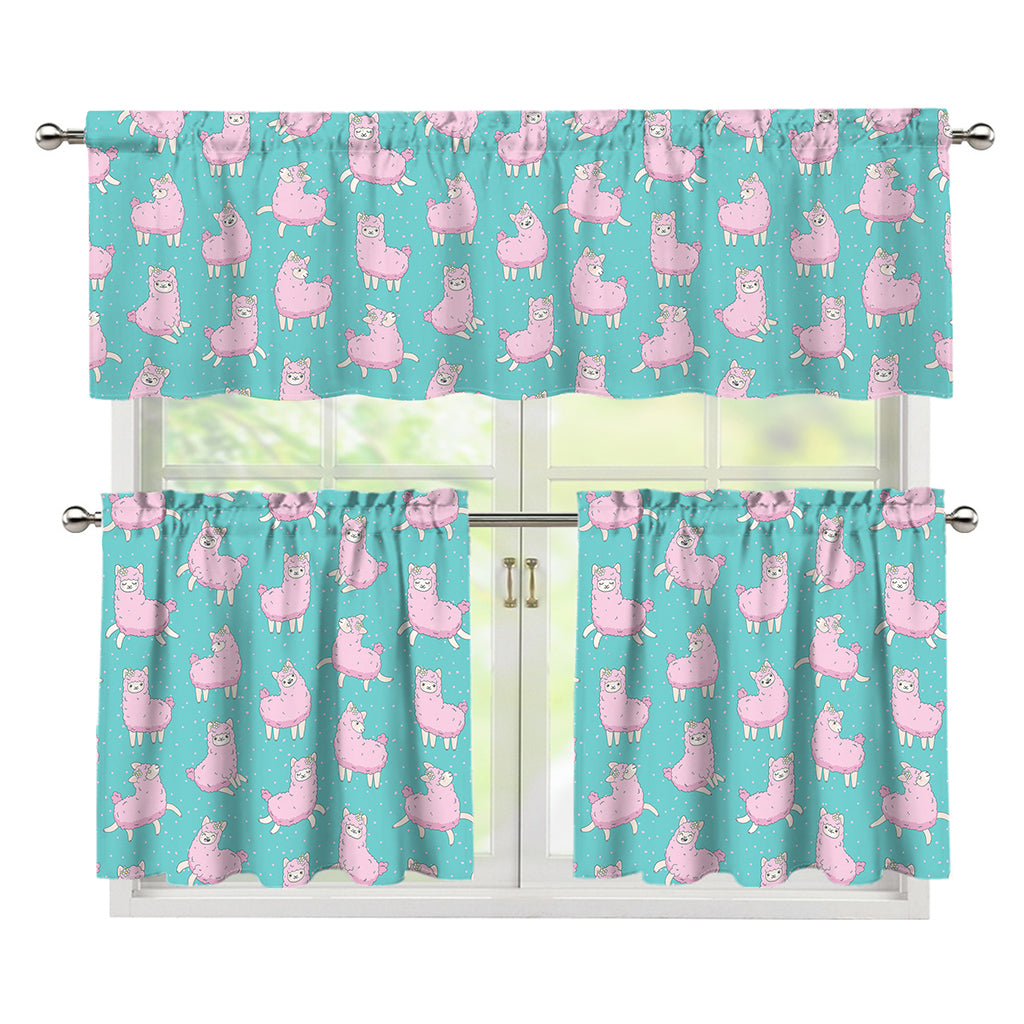 Cute Pink Llama Pattern Print 3 Piece Kitchen Curtains