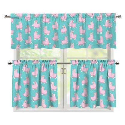 Cute Pink Llama Pattern Print 3 Piece Kitchen Curtains