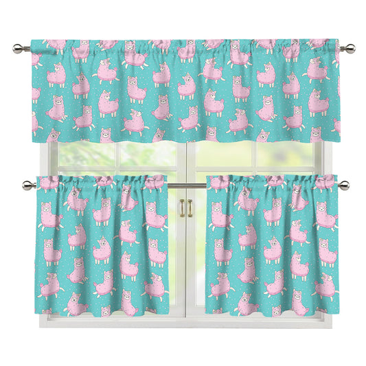 Cute Pink Llama Pattern Print 3 Piece Kitchen Curtains