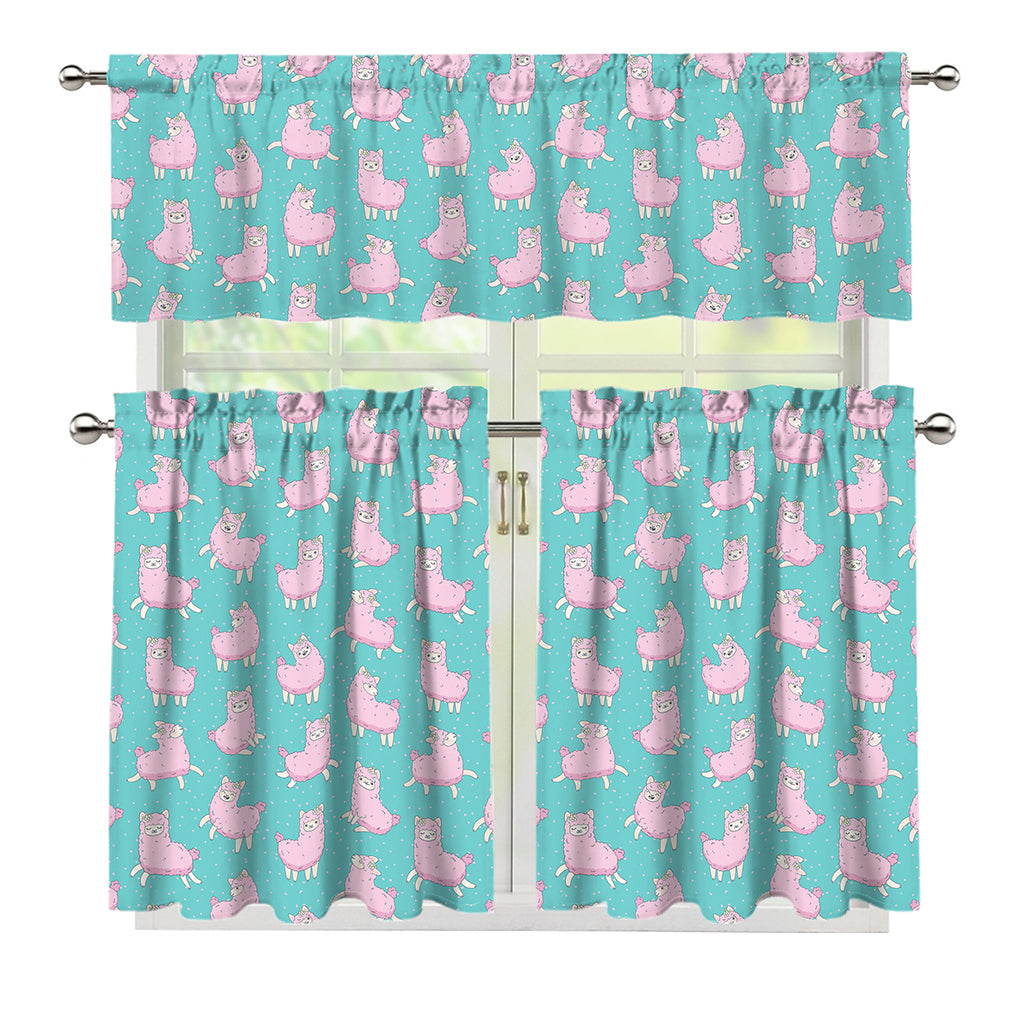 Cute Pink Llama Pattern Print 3 Piece Kitchen Curtains