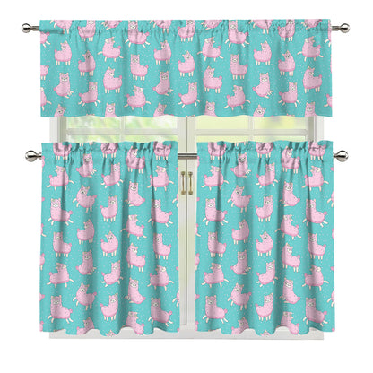 Cute Pink Llama Pattern Print 3 Piece Kitchen Curtains
