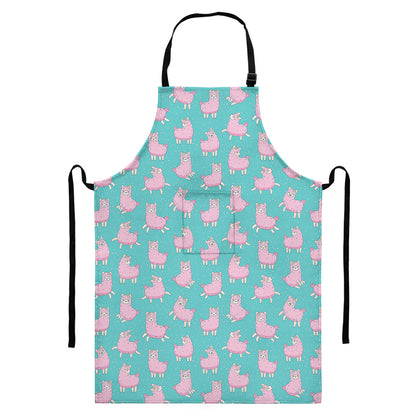 Cute Pink Llama Pattern Print Bib Apron With Pocket
