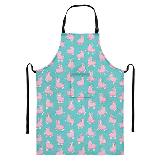 Cute Pink Llama Pattern Print Bib Apron With Pocket