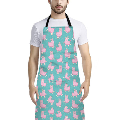 Cute Pink Llama Pattern Print Bib Apron With Pocket