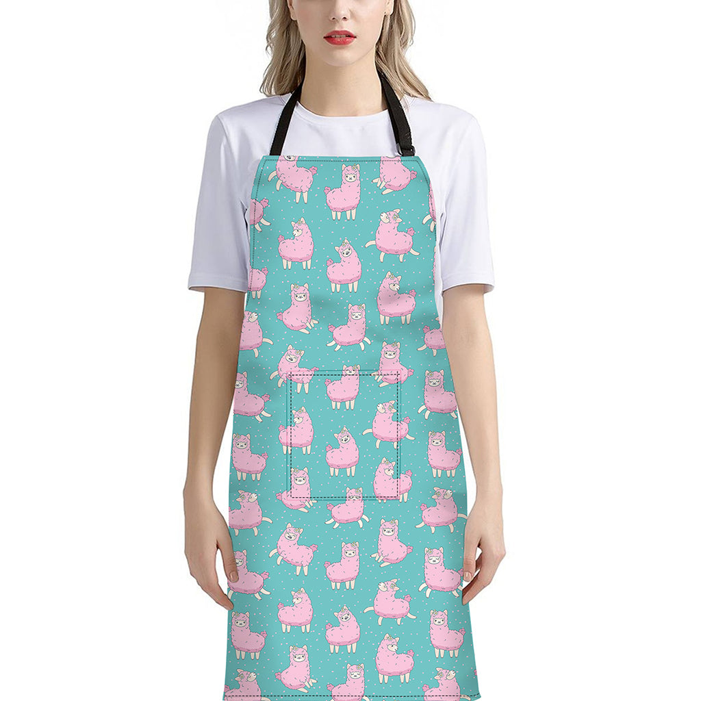 Cute Pink Llama Pattern Print Bib Apron With Pocket