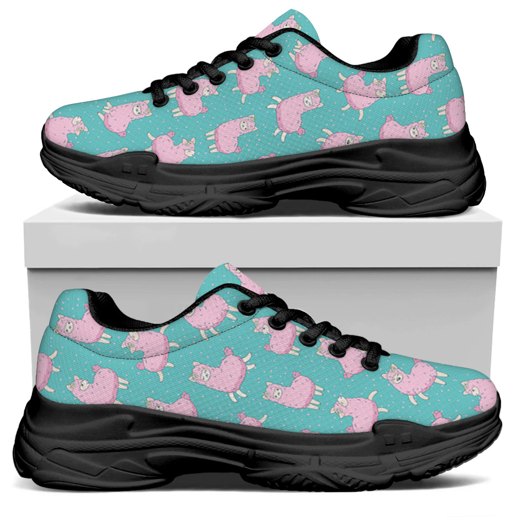 Cute Pink Llama Pattern Print Black Chunky Shoes