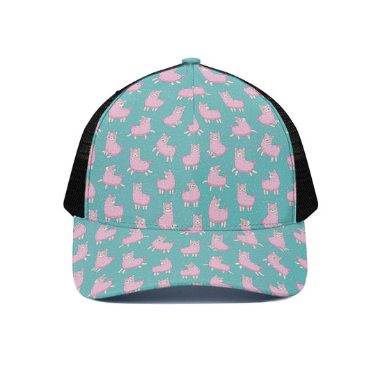 Cute Pink Llama Pattern Print Black Mesh Trucker Cap