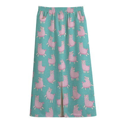 Cute Pink Llama Pattern Print Cotton Front Slit Maxi Skirt