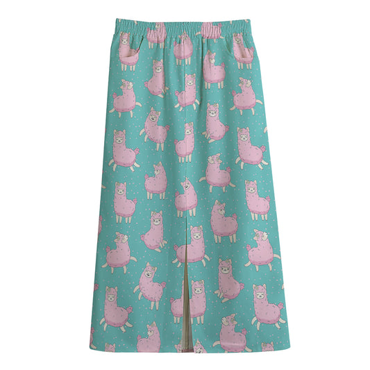 Cute Pink Llama Pattern Print Cotton Front Slit Maxi Skirt