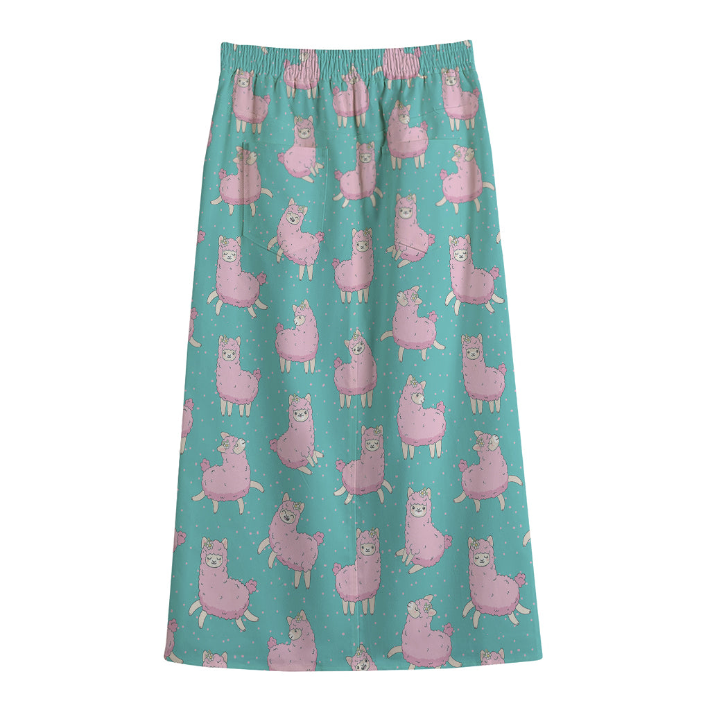 Cute Pink Llama Pattern Print Cotton Front Slit Maxi Skirt