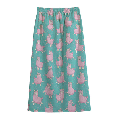 Cute Pink Llama Pattern Print Cotton Front Slit Maxi Skirt