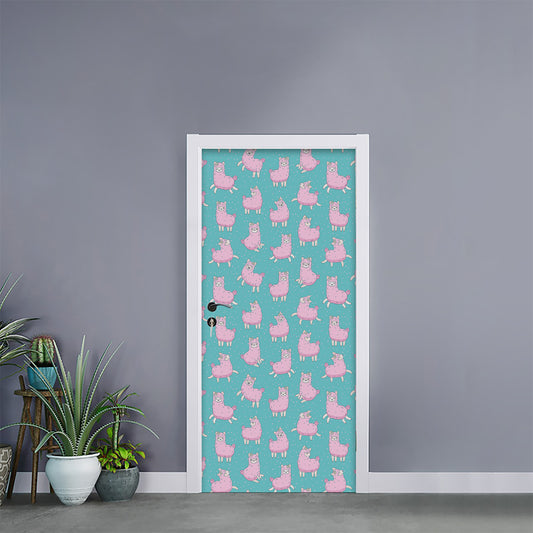 Cute Pink Llama Pattern Print Door Sticker