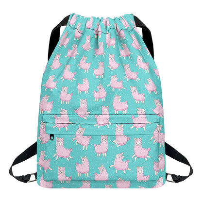 Cute Pink Llama Pattern Print Drawstring Backpack