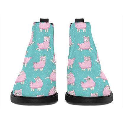 Cute Pink Llama Pattern Print Flat Ankle Boots