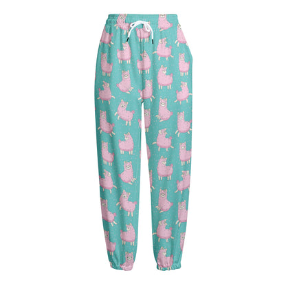Cute Pink Llama Pattern Print Fleece Lined Knit Pants