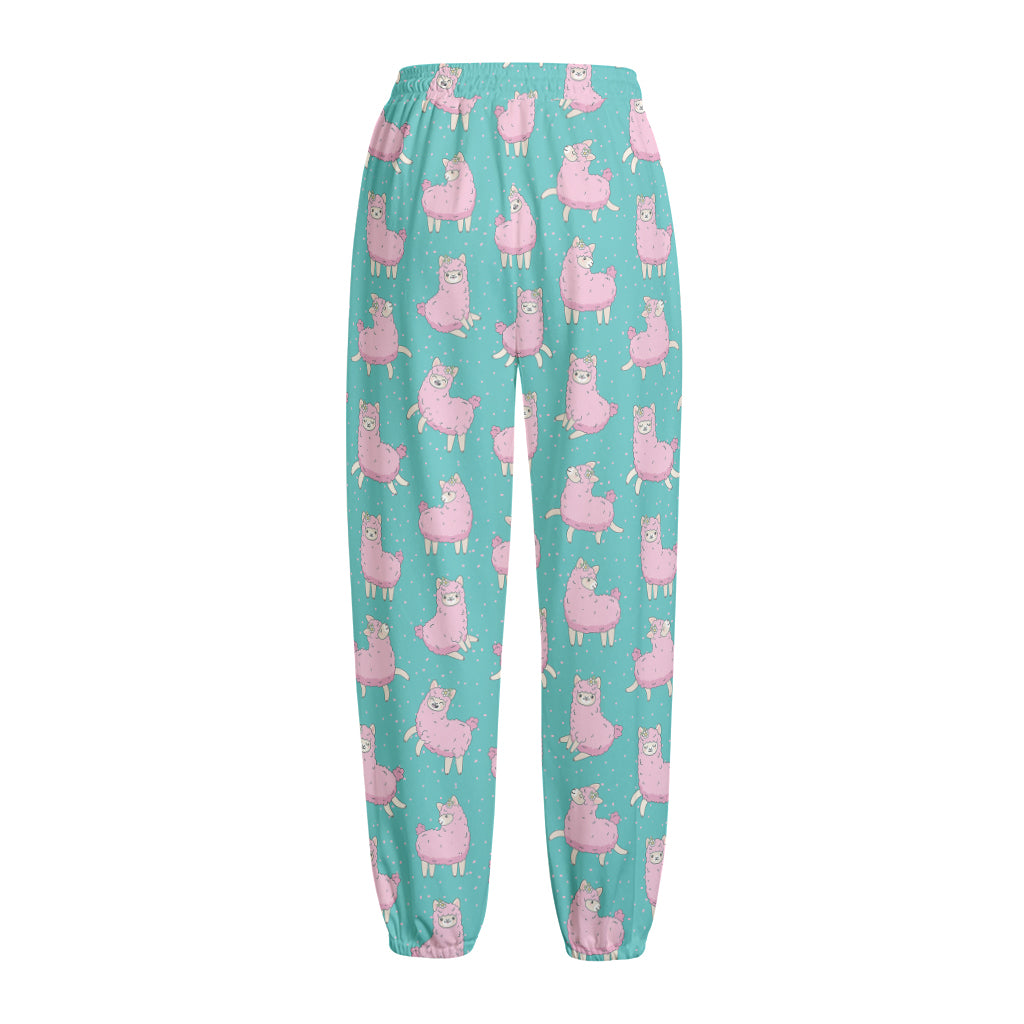 Cute Pink Llama Pattern Print Fleece Lined Knit Pants