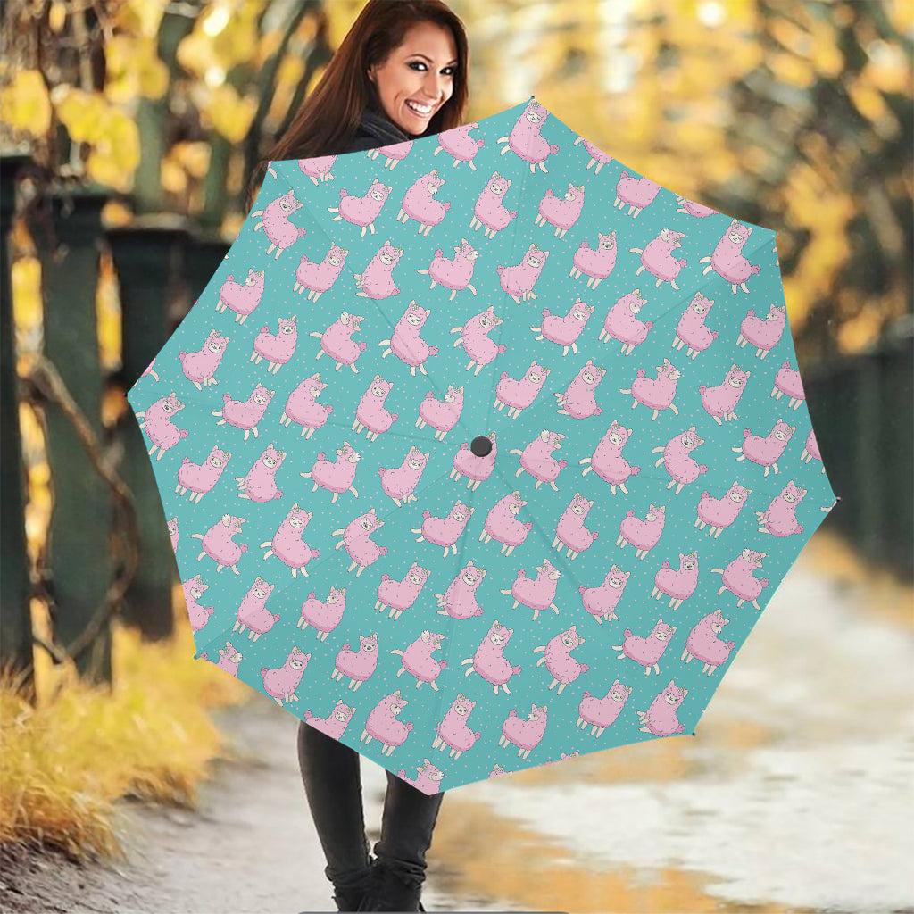 Cute Pink Llama Pattern Print Foldable Umbrella