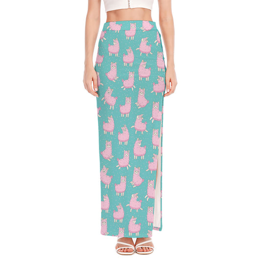 Cute Pink Llama Pattern Print High Slit Maxi Skirt