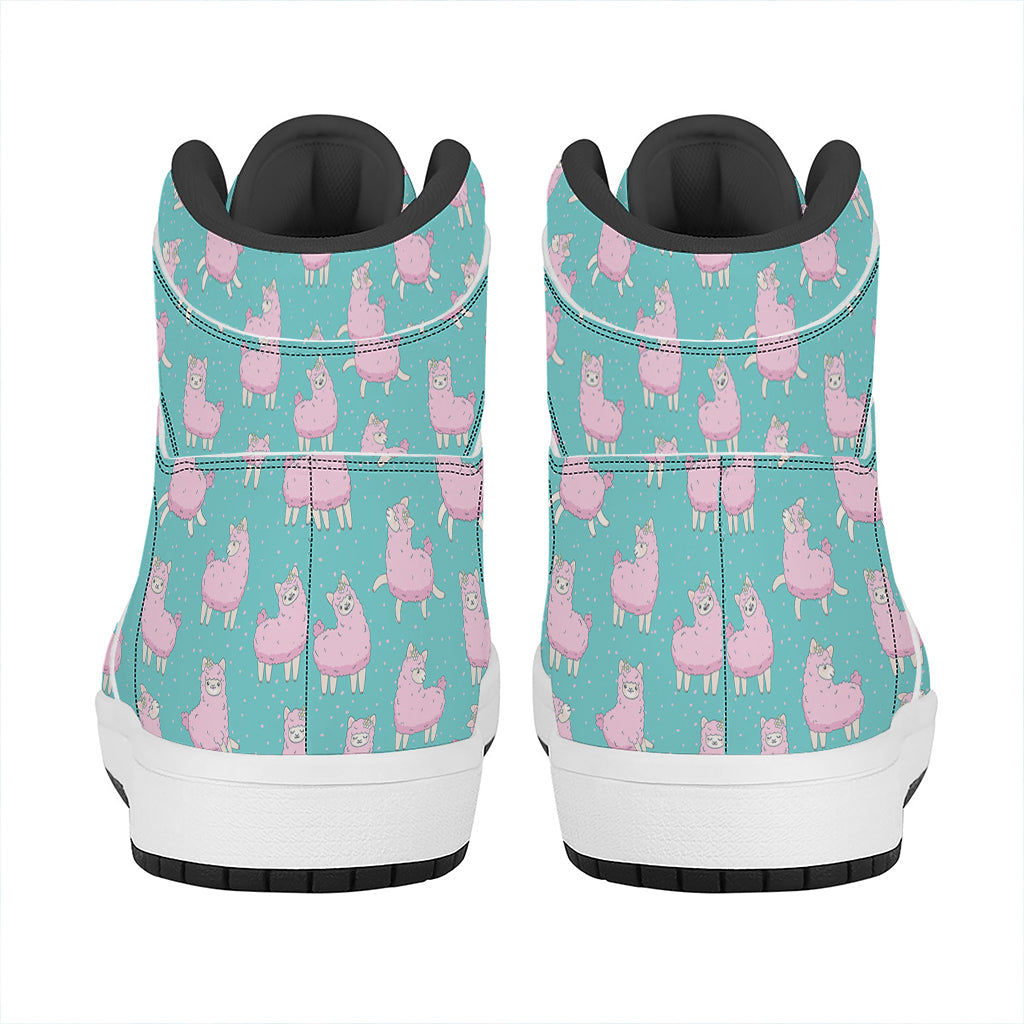 Cute Pink Llama Pattern Print High Top Leather Sneakers