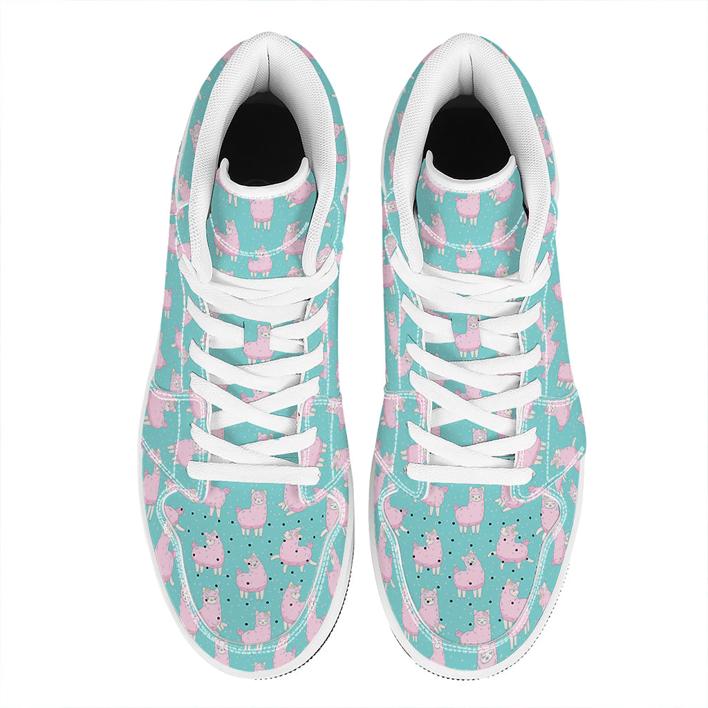 Cute Pink Llama Pattern Print High Top Leather Sneakers