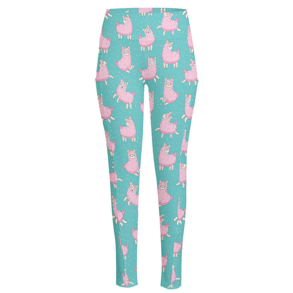 Cute Pink Llama Pattern Print High-Waisted Pocket Leggings