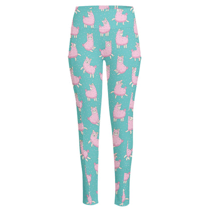 Cute Pink Llama Pattern Print High-Waisted Pocket Leggings