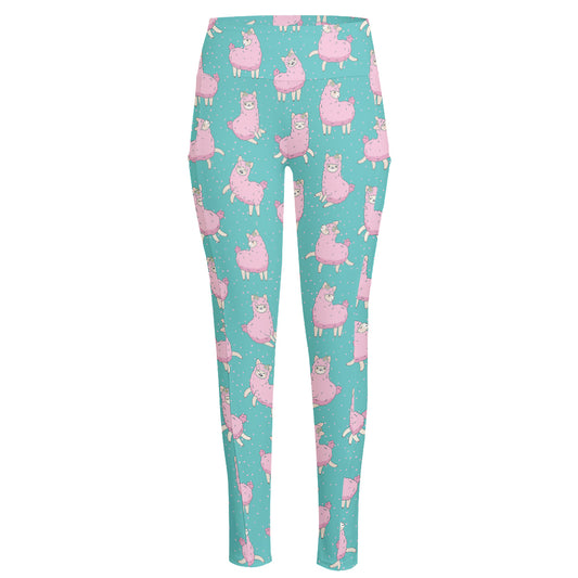 Cute Pink Llama Pattern Print High-Waisted Pocket Leggings