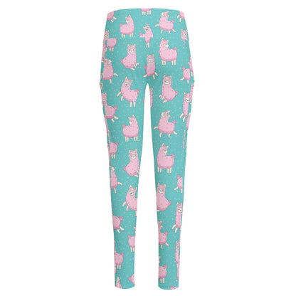 Cute Pink Llama Pattern Print High-Waisted Pocket Leggings