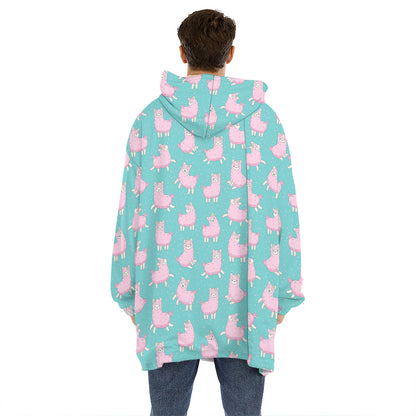 Cute Pink Llama Pattern Print Hoodie Blanket