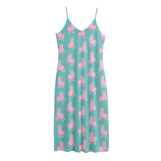 Cute Pink Llama Pattern Print Jersey Midi Cami Dress
