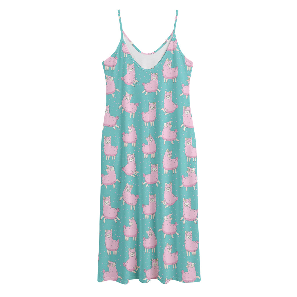 Cute Pink Llama Pattern Print Jersey Midi Cami Dress