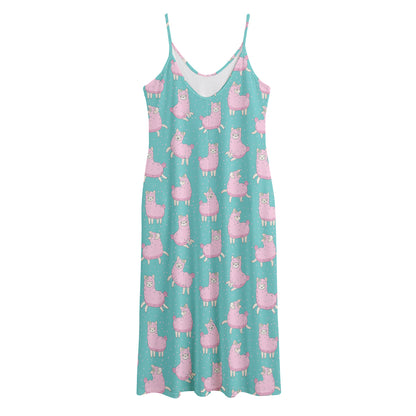 Cute Pink Llama Pattern Print Jersey Midi Cami Dress