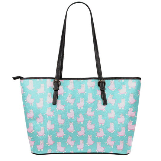 Cute Pink Llama Pattern Print Leather Tote Bag