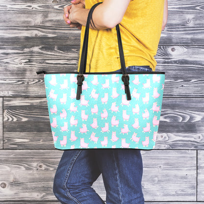 Cute Pink Llama Pattern Print Leather Tote Bag