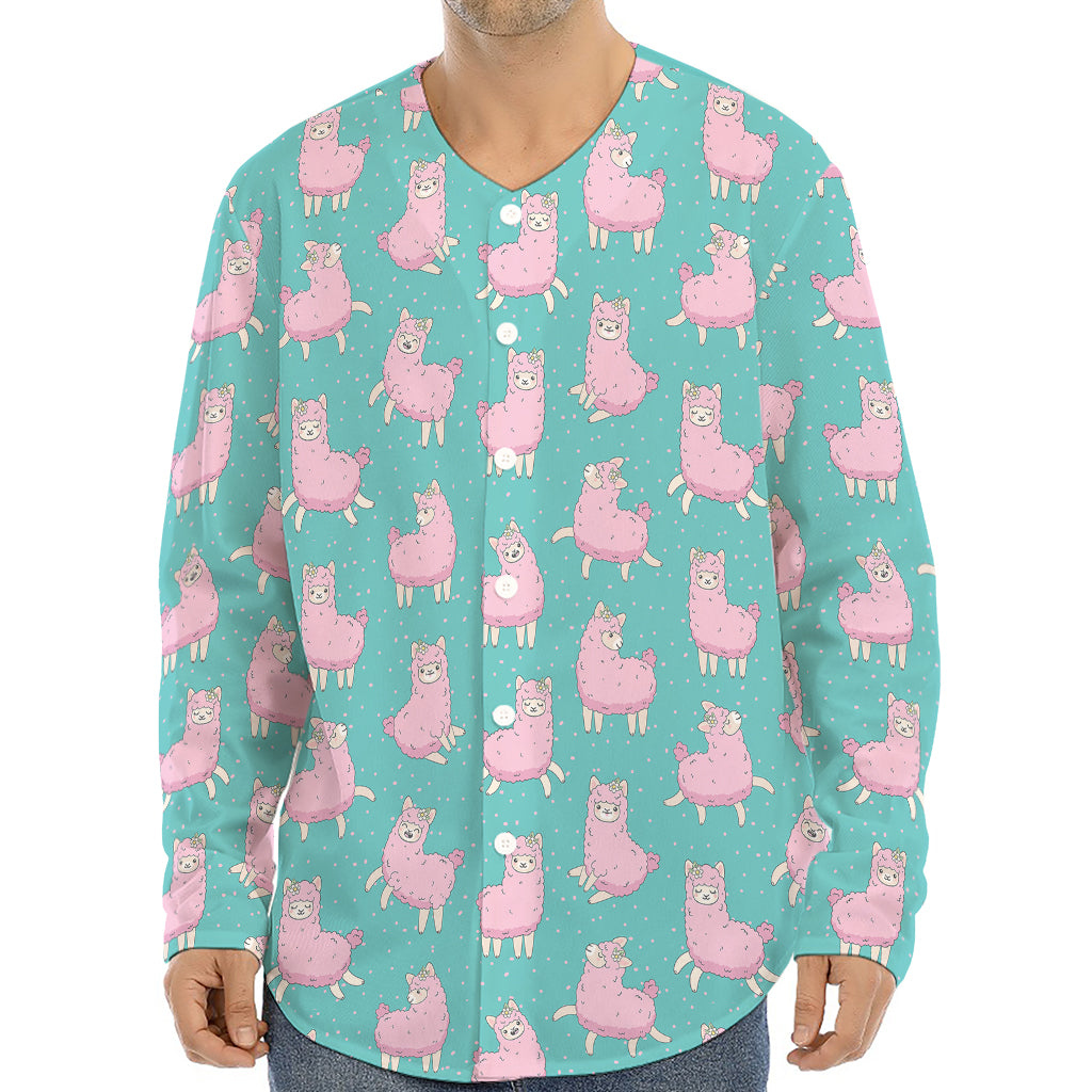 Cute Pink Llama Pattern Print Long Sleeve Baseball Jersey