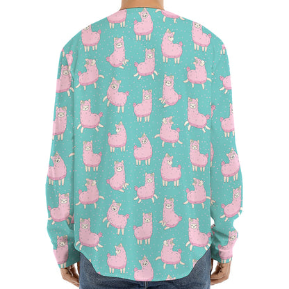 Cute Pink Llama Pattern Print Long Sleeve Baseball Jersey