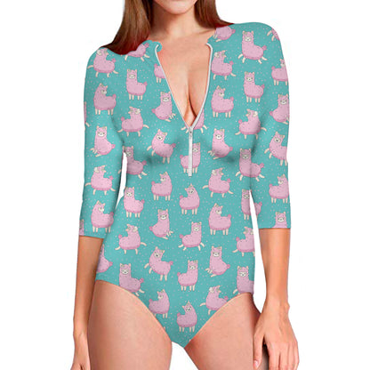 Cute Pink Llama Pattern Print Long Sleeve Swimsuit